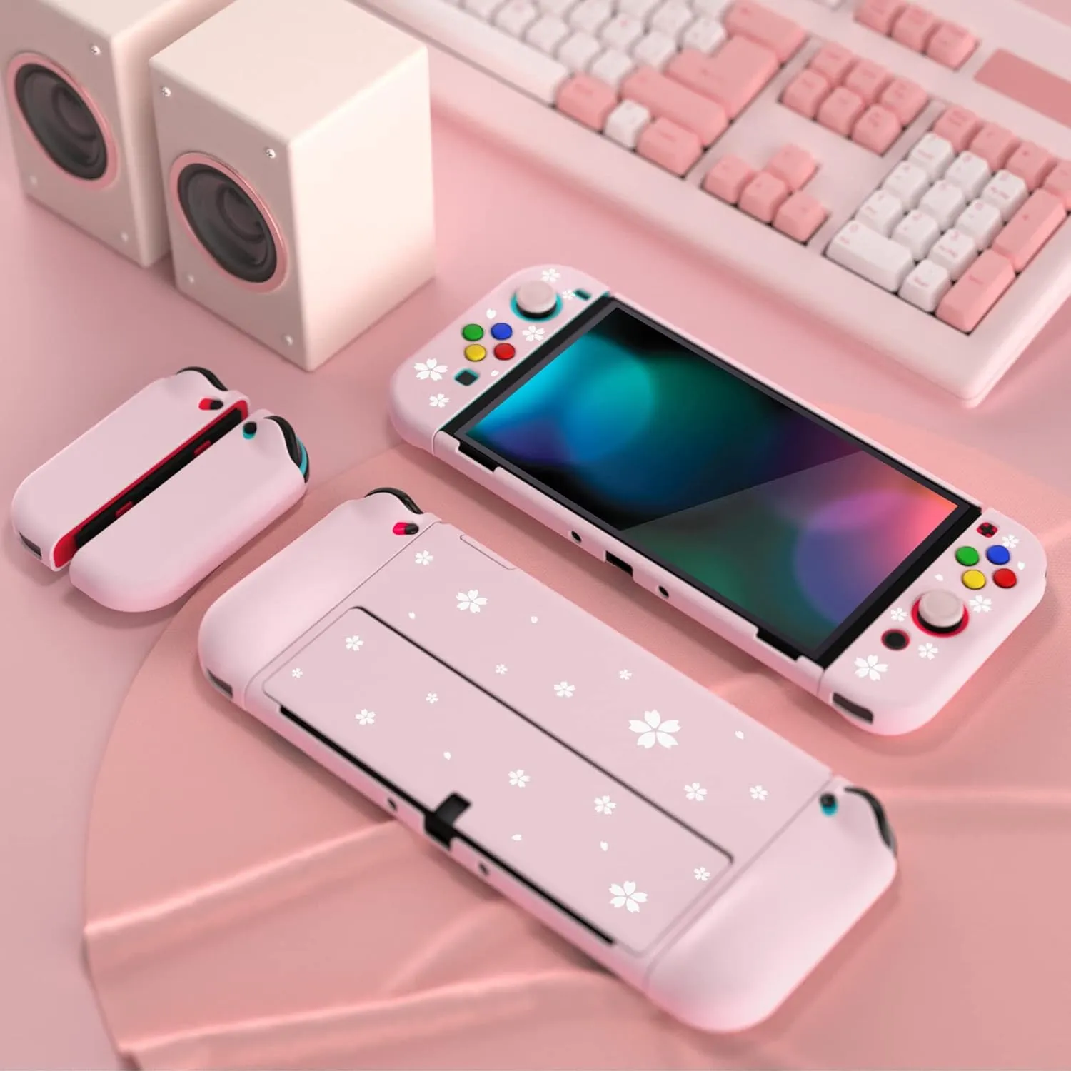 PlayVital AlterGrips Protective Slim Case for Nintendo Switch OLED, Ergonomic Grip Cover for Joycon, Dockable Hard Shell for Switch OLED w/Thumb Grip Caps & Button Caps