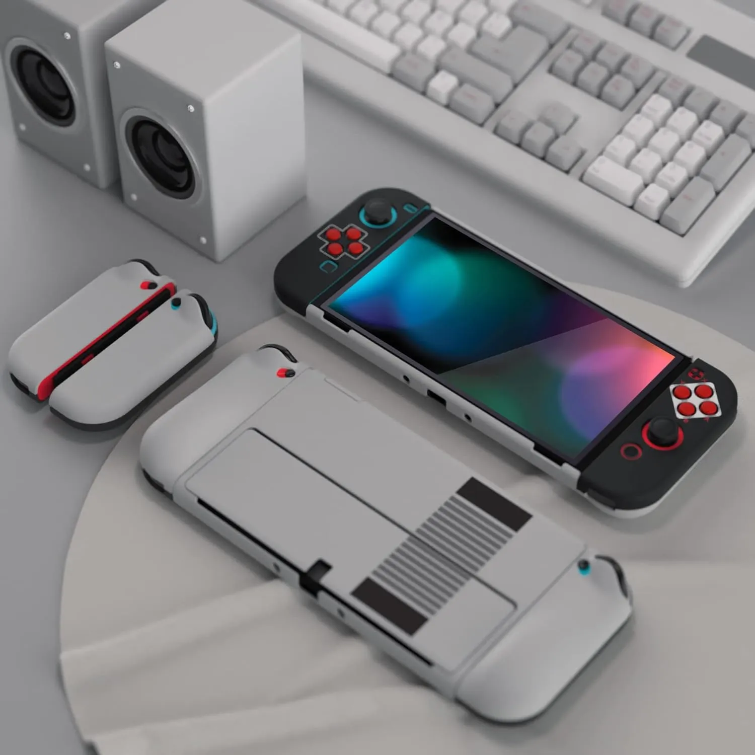 PlayVital AlterGrips Protective Slim Case for Nintendo Switch OLED, Ergonomic Grip Cover for Joycon, Dockable Hard Shell for Switch OLED w/Thumb Grip Caps & Button Caps