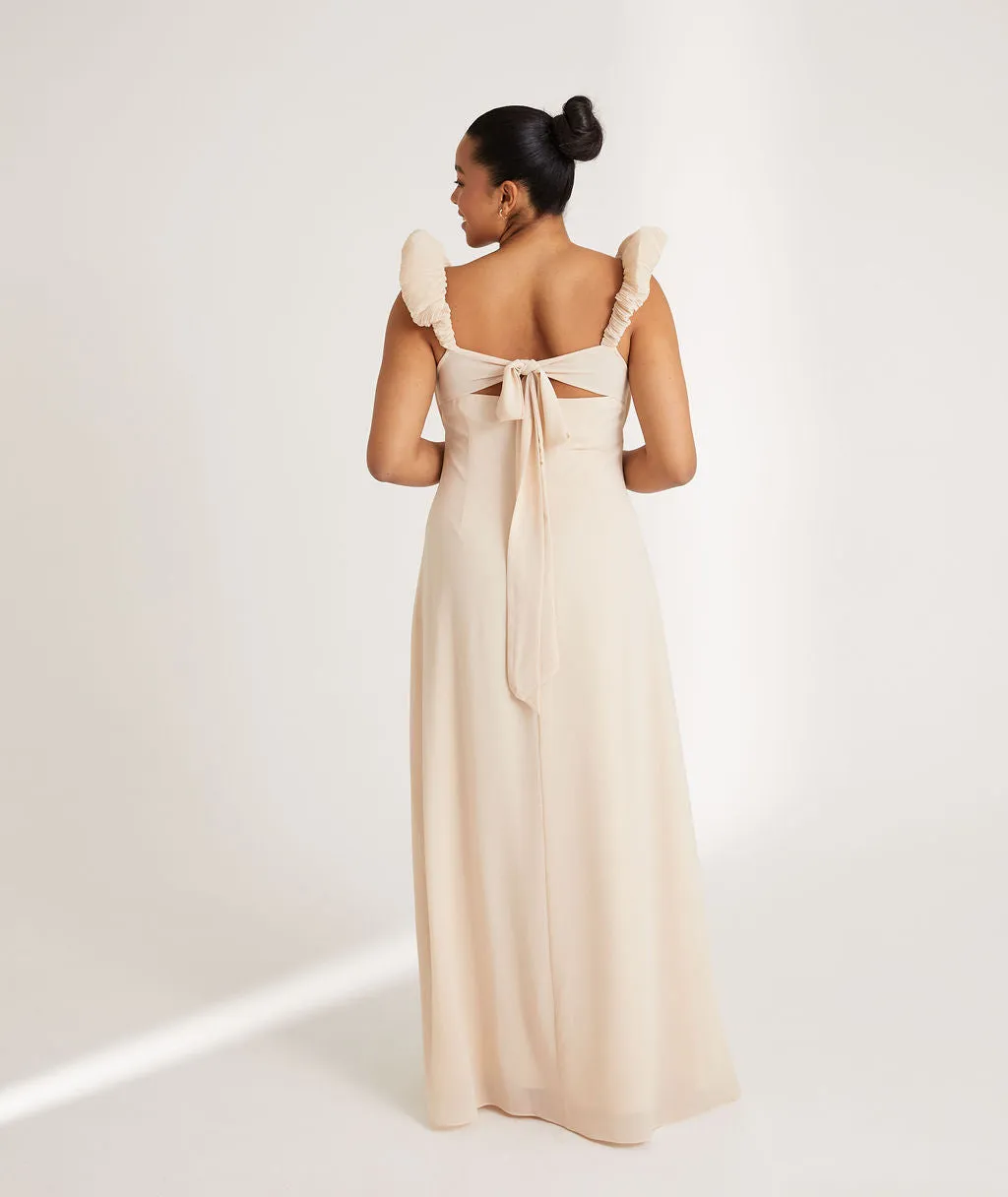 Pleated Statement Shoulder Chiffon Bridesmaid Dress - Vintage Cream
