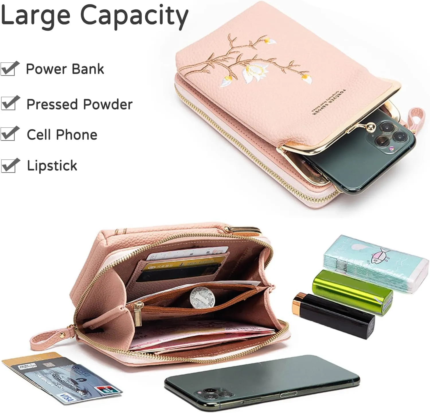 PORRASSO Fashion Phone Bag Crossbody Bag Women Purse Shoulder Bag with Card Slots Leather Mini Wallet Grey