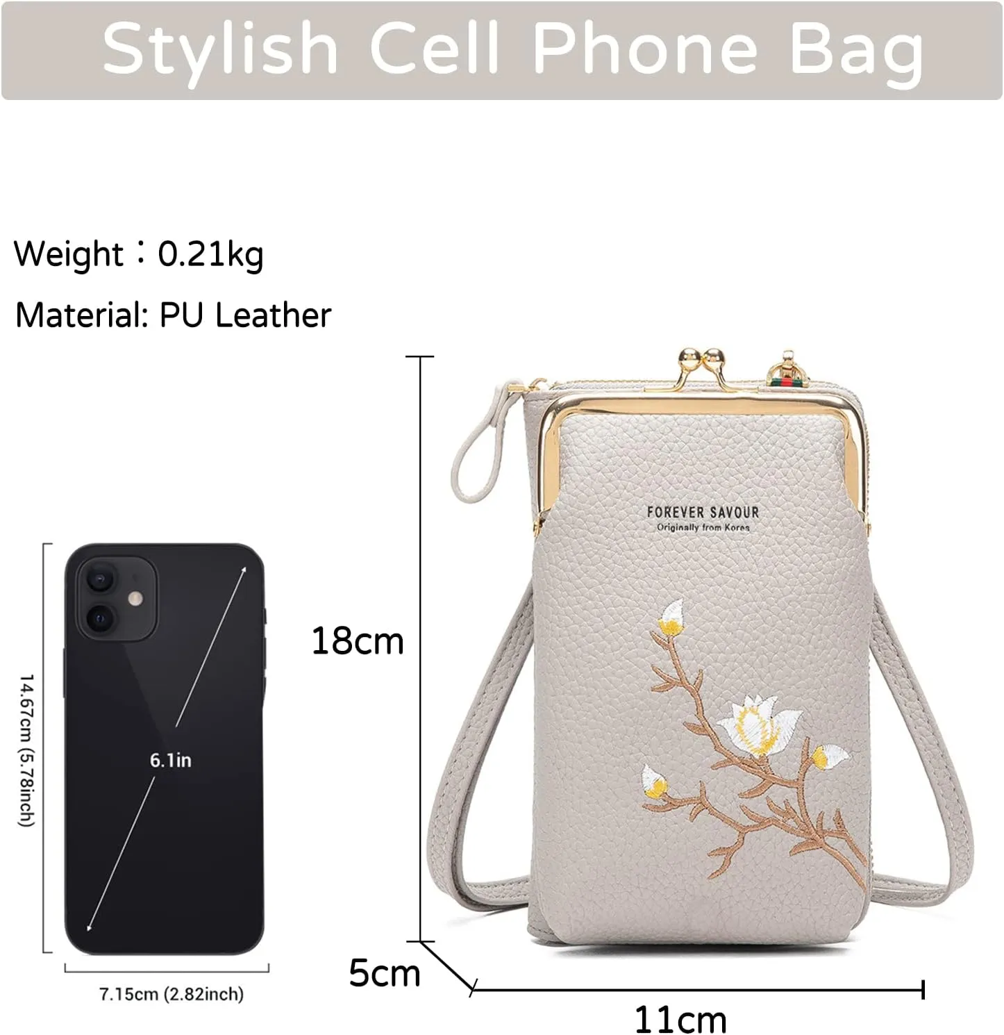 PORRASSO Fashion Phone Bag Crossbody Bag Women Purse Shoulder Bag with Card Slots Leather Mini Wallet Grey