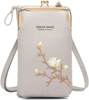 PORRASSO Fashion Phone Bag Crossbody Bag Women Purse Shoulder Bag with Card Slots Leather Mini Wallet Grey