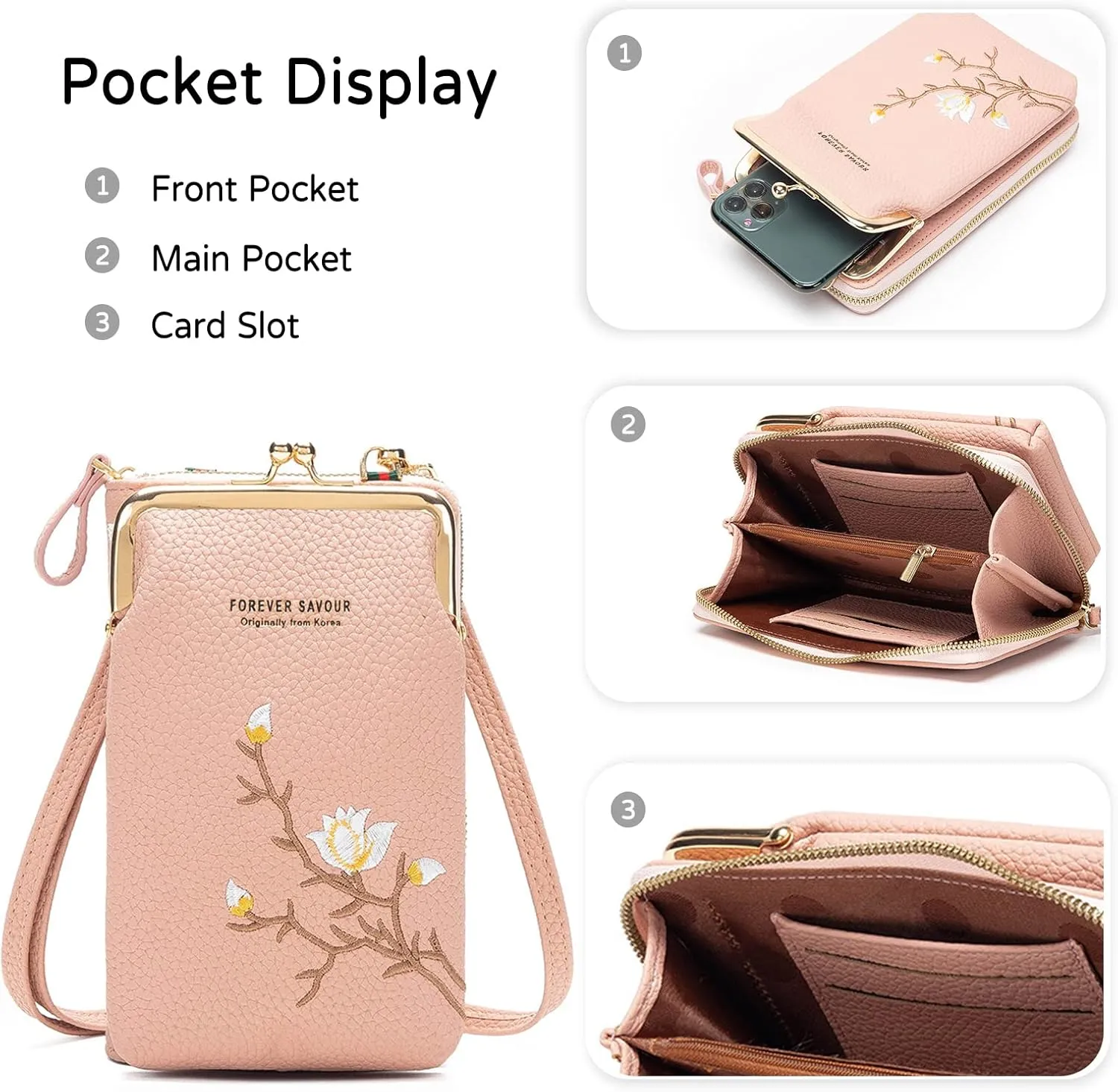 PORRASSO Fashion Phone Bag Crossbody Bag Women Purse Shoulder Bag with Card Slots Leather Mini Wallet Grey