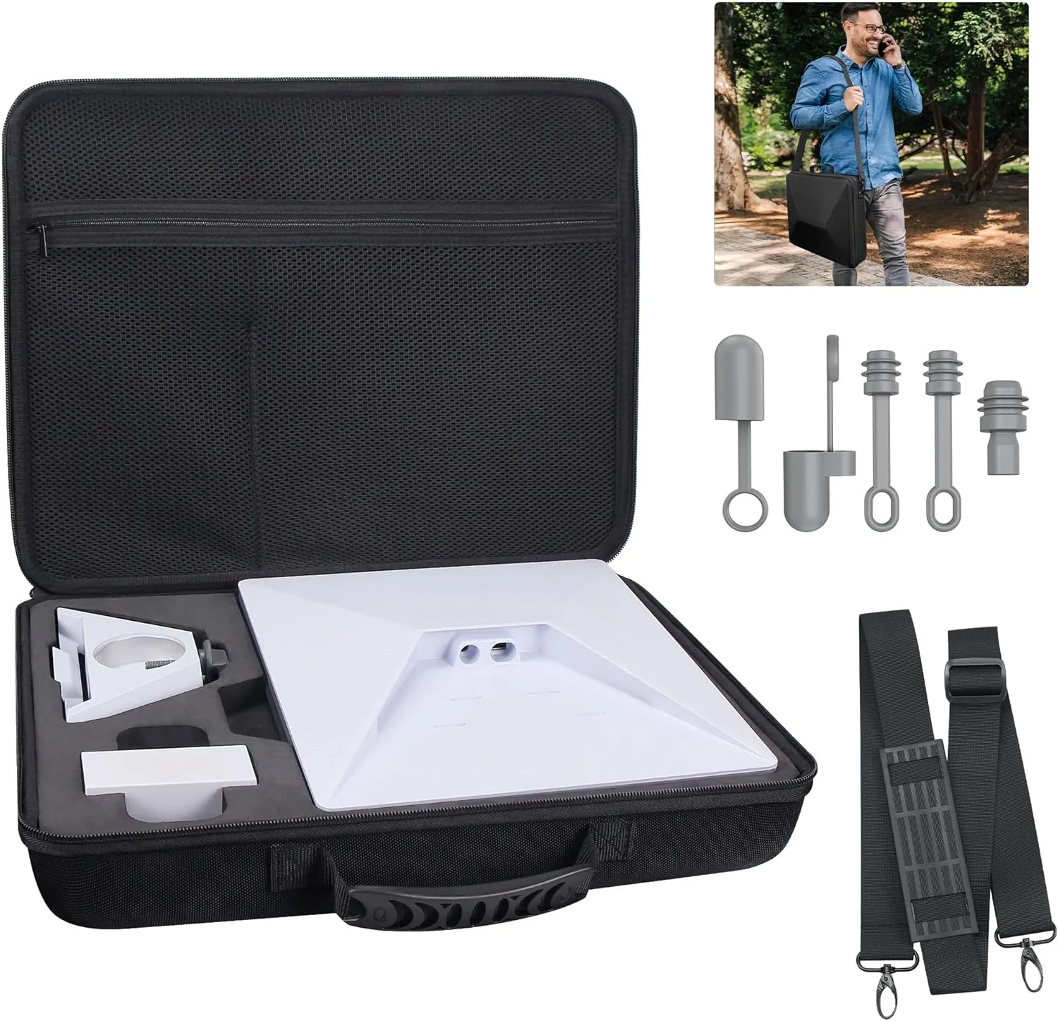 Portable Waterproof Case for Starlink Mini Dish Kit, Travel Carrying Case for Starlink Mini, Kickstand, Power Adapter, Cables with Detachable Shoulder Strap & Cable Silicone Protective Caps Set