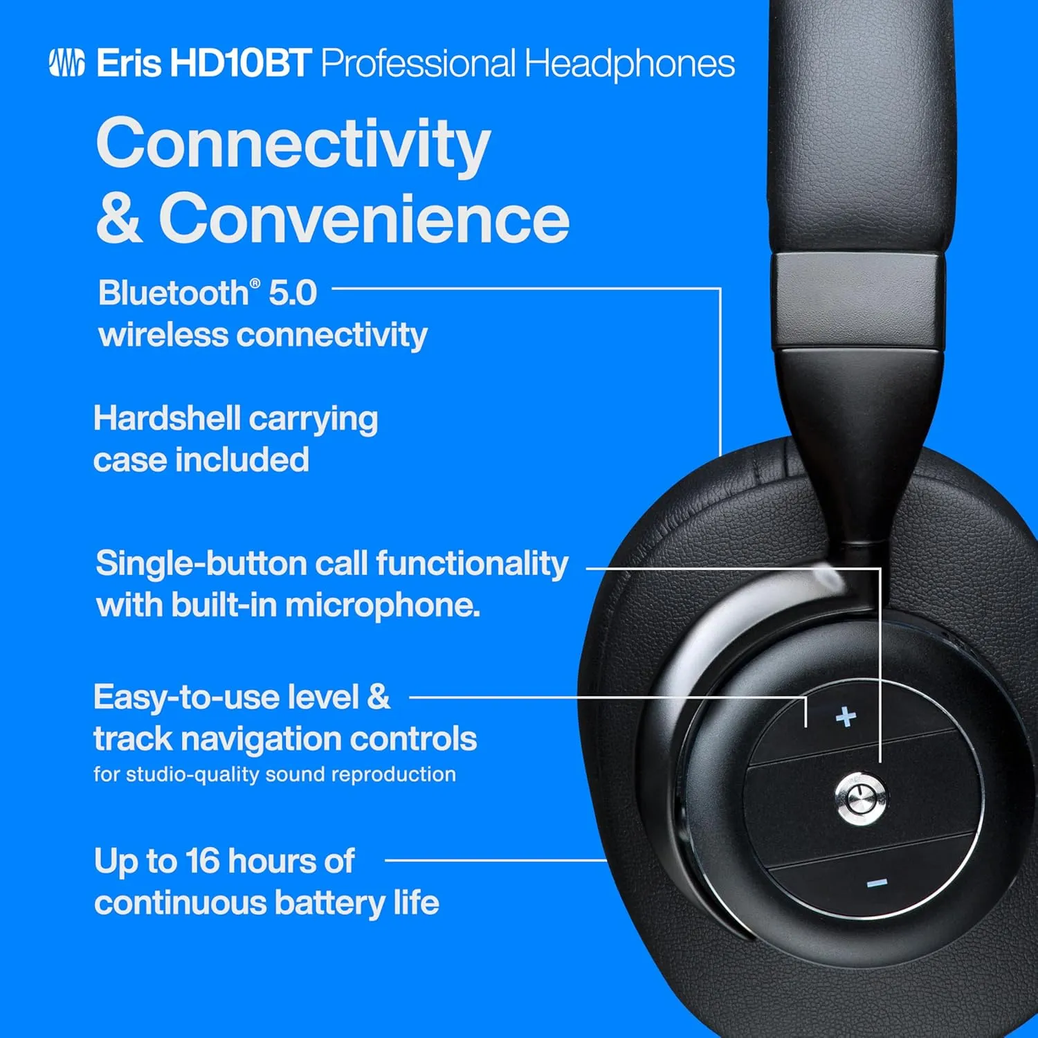 PreSonus Eris HD10BT Professional Headphones with Active Noise Canceling and Bluetooth  Closed-Back, Over-Ear Wireless ANC Studio Recording Headphones for Professional Mixing and Monitoring