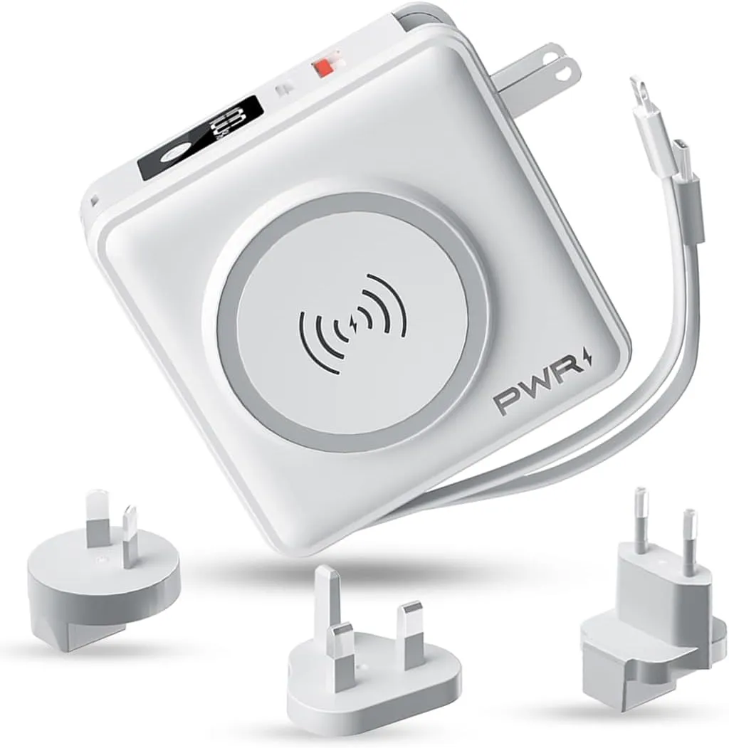PWR Travel PRO 5-in-1 Power Bank  5-in-1 PD 20W USB C Power Bank  15W Fast Charging Wireless Portable Charger  Travel Power Bank with 10,000mAh Battery  Compatible with Lightning, USB-C (White)