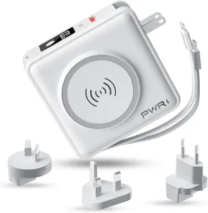 PWR Travel PRO 5-in-1 Power Bank  5-in-1 PD 20W USB C Power Bank  15W Fast Charging Wireless Portable Charger  Travel Power Bank with 10,000mAh Battery  Compatible with Lightning, USB-C (White)