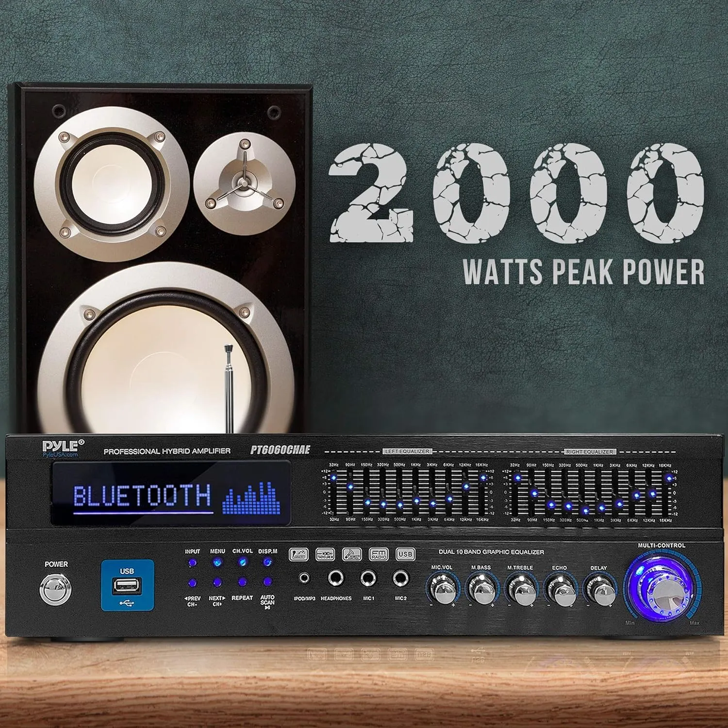 Pyle 2000W Bluetooth 5.0 - 6-Channel Home Amplifier - Rack Mount Stereo Receiver with Radio - USB/AUX/RCA/Mic - Optical/Coaxial - AC-3 - DVD Inputs - Dual 10-Band EQ - PT6060CHAE