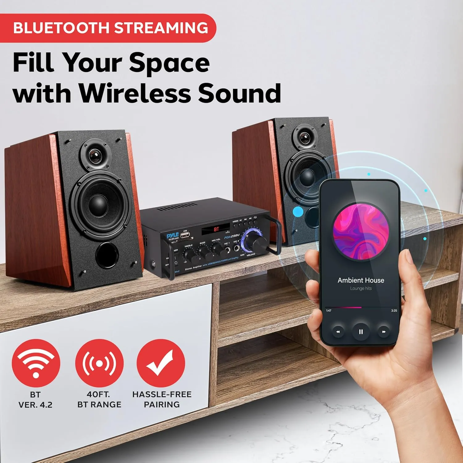 Pyle 200W Stereo Power Amplifier with Bluetooth - Dual Channel Audio Receiver - LED Display - RCA - USB - SD - MIC IN - FM Radio - AUX Input - Perfect for Home & Computer Audio - PDA29BU.5