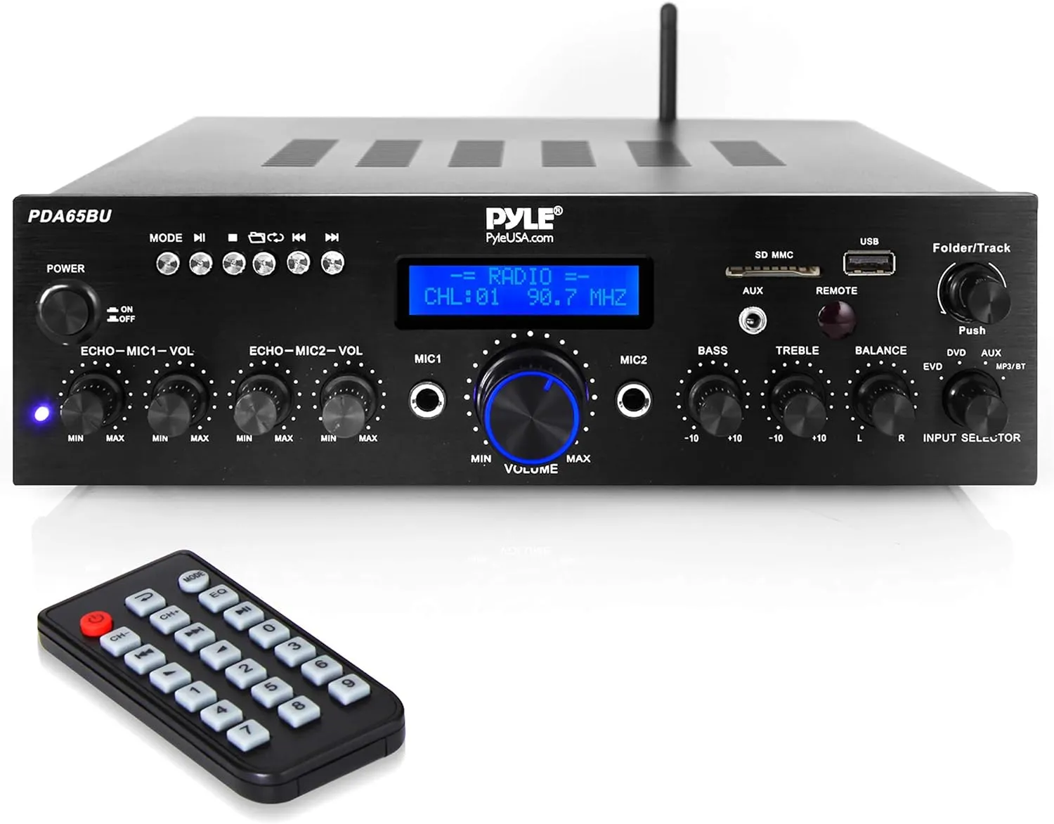 Pyle 200W Wireless Bluetooth Power Amplifier - Dual Channel Stereo Receiver with USB Flash Reader - SD Card - AUX - MIC IN w/ Echo - Radio - Home Theater - Studio Use - RCA Output - PDA65BU