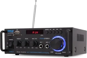 Pyle 200W Wireless Bluetooth Stereo Power Amplifier - Dual Channel Audio Receiver with RCA - USB - SD - MIC IN - FM Radio - AUX Input - Remote Control for Home Theater & Studio Use - PDA29BU
