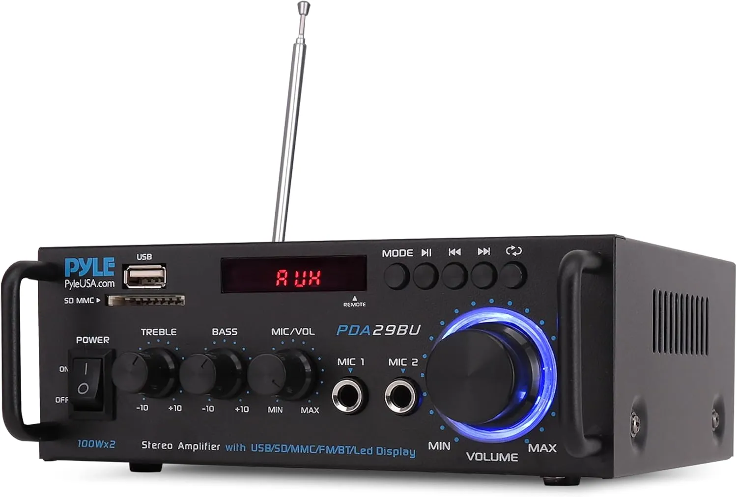 Pyle 200W Wireless Bluetooth Stereo Power Amplifier - Dual Channel Audio Receiver with RCA - USB - SD - MIC IN - FM Radio - AUX Input - Remote Control for Home Theater & Studio Use - PDA29BU