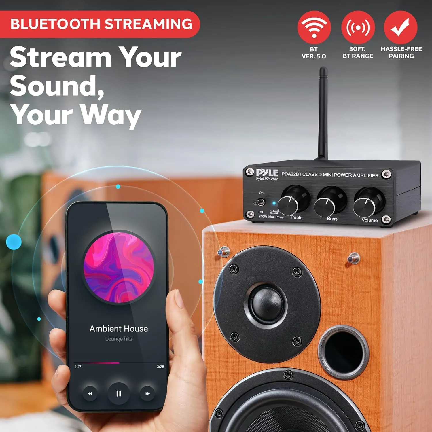 Pyle 2x100W Bluetooth 5.0 Home Audio Amplifier - Compact Mini Receiver with Bass & Treble Control - RCA Inputs for Home Speakers - Desktop - PDA22BT