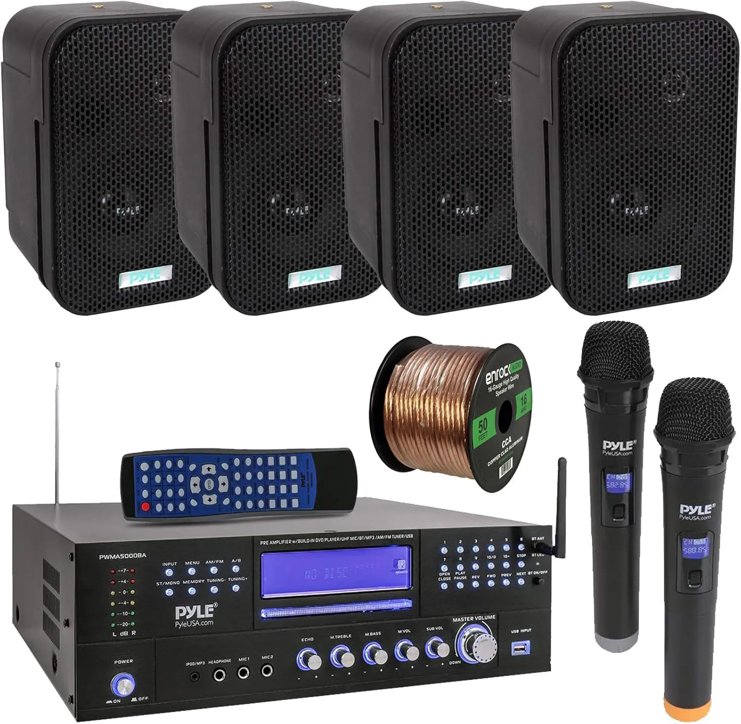 Pyle 3000W Bluetooth USB Home Theater Preamp AM/FM Stereo Receiver System with 2 Wireless Mics - Bundle Combo with 4x 3.5" 300W Indoor/Outdoor Black Waterproof Speakers, 16 Gauge 50 Feet Speaker Wire