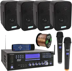 Pyle 3000W Bluetooth USB Home Theater Preamp AM/FM Stereo Receiver System with 2 Wireless Mics - Bundle Combo with 4x 3.5" 300W Indoor/Outdoor Black Waterproof Speakers, 16 Gauge 50 Feet Speaker Wire