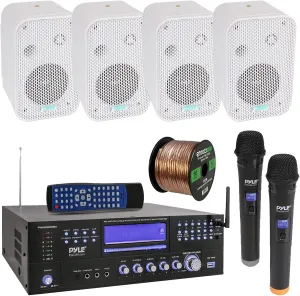 Pyle 3000W Bluetooth USB Home Theater Preamp AM/FM Stereo Receiver System with 2 Wireless Mics - Bundle Combo with 4x 3.5" 300W Indoor/Outdoor White Waterproof Speakers, 16 Gauge 50 Feet Speaker Wire