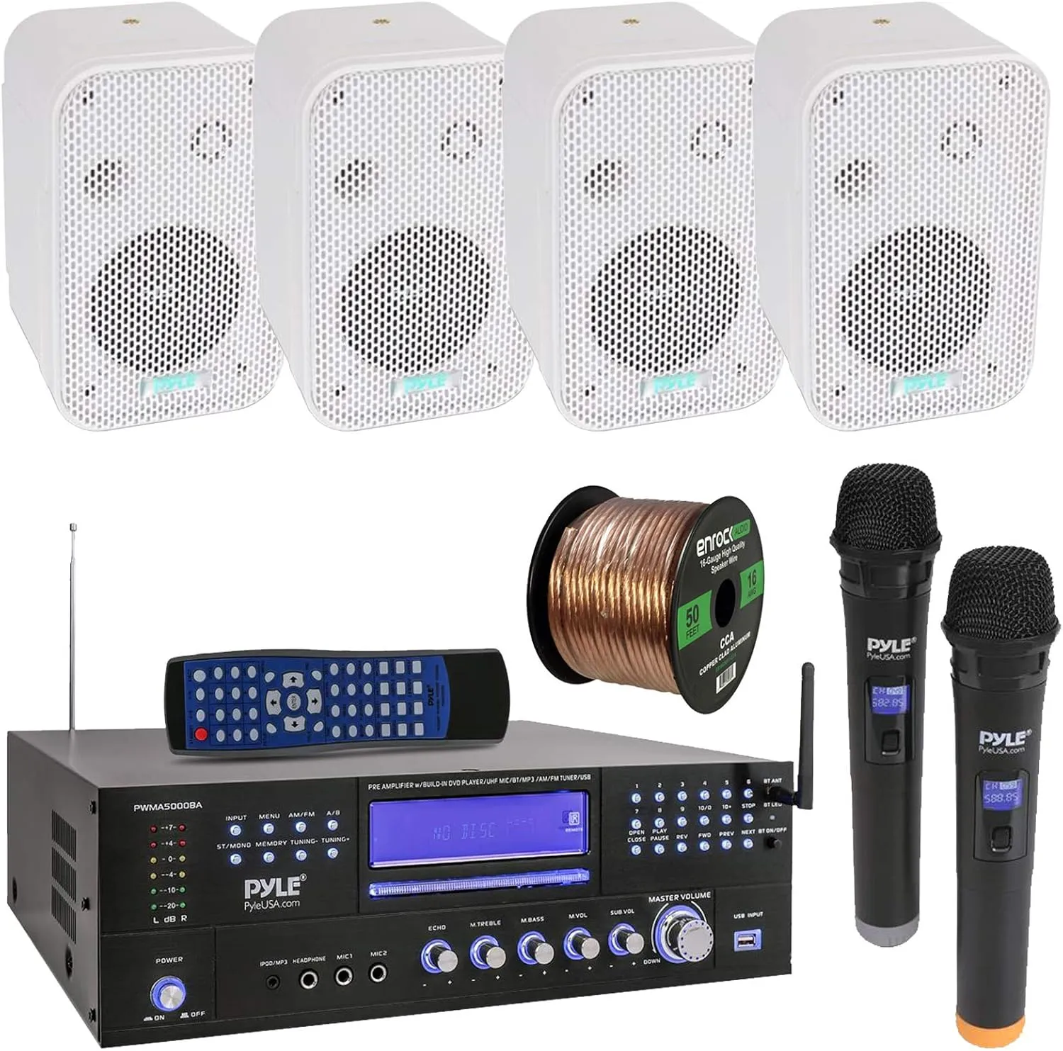 Pyle 3000W Bluetooth USB Home Theater Preamp AM/FM Stereo Receiver System with 2 Wireless Mics - Bundle Combo with 4x 3.5" 300W Indoor/Outdoor White Waterproof Speakers, 16 Gauge 50 Feet Speaker Wire