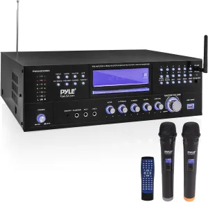 Pyle 4-Channel Karaoke Home Wireless Microphone Amplifier - Audio Stereo Receiver System, Built-In CD DVD Player, Dual UHF Wireless Mic/MP3/USB Reader, AM/FM Radio - PWMA5000BA
