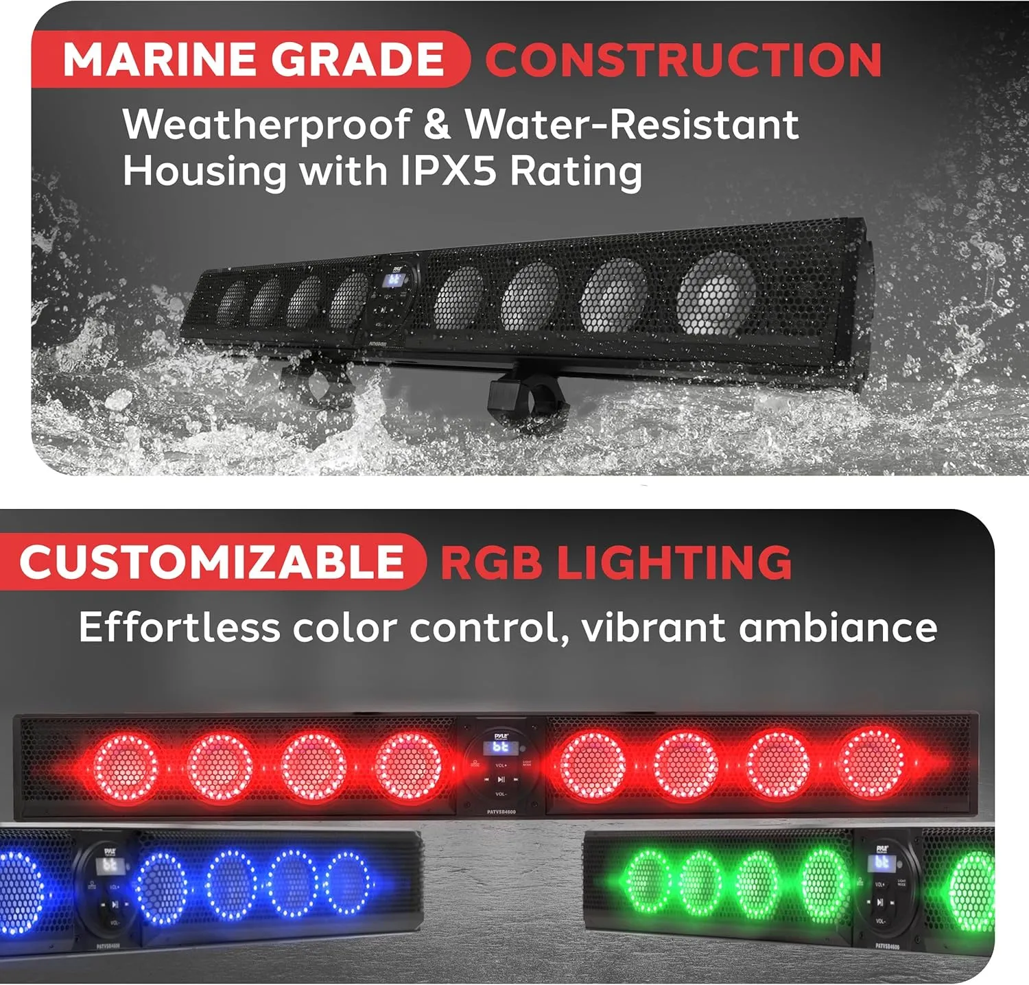 Pyle 46" Marine Sound Bar Speaker System for ATV/UTV with Bluetooth, 360W Peak Power Built-in Amplifier, 8x4 Woofers, 2x1 Treble, Remote Control, USB/AUX Input, Handlebar Mount, IPX5 Waterproof