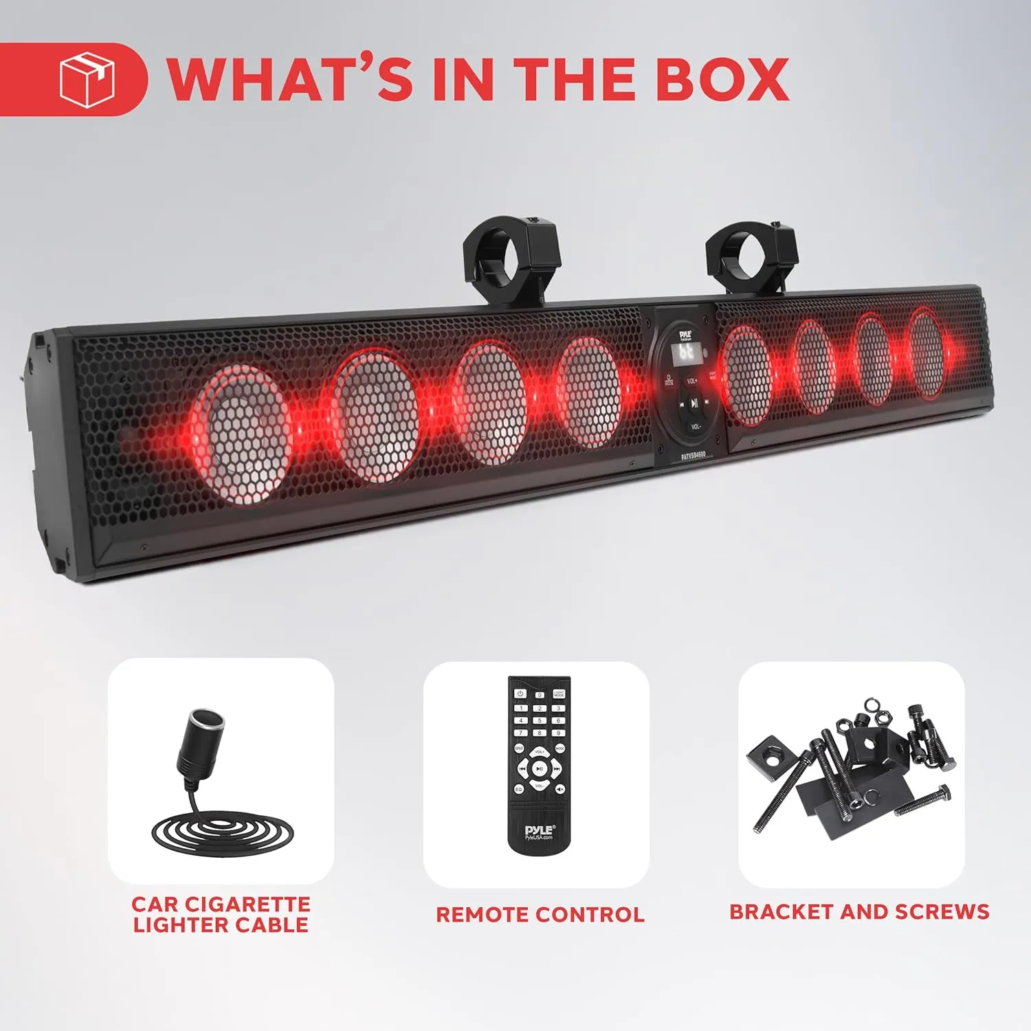 Pyle 46" Marine Sound Bar Speaker System for ATV/UTV with Bluetooth, 360W Peak Power Built-in Amplifier, 8x4 Woofers, 2x1 Treble, Remote Control, USB/AUX Input, Handlebar Mount, IPX5 Waterproof