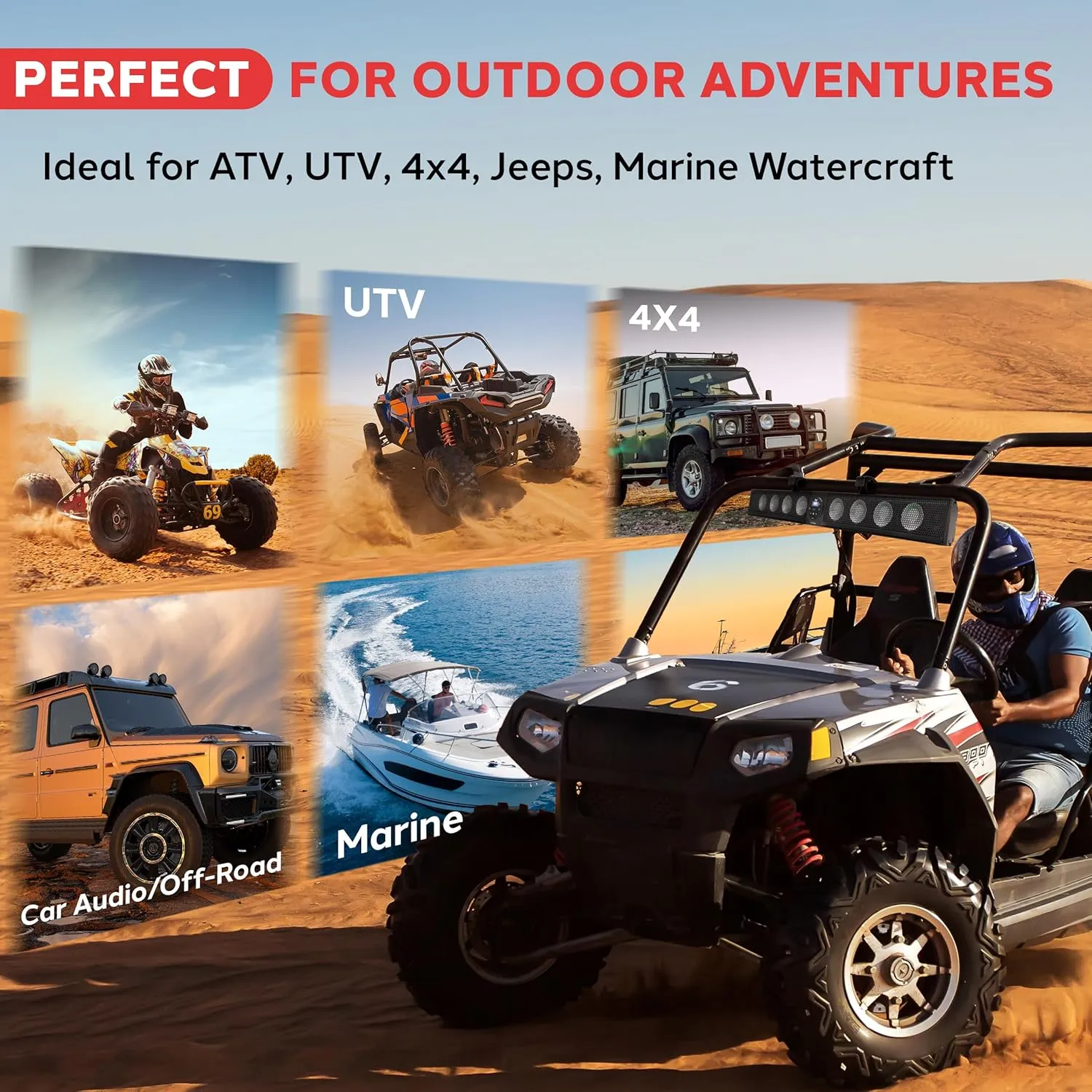 Pyle 46" Marine Sound Bar Speaker System for ATV/UTV with Bluetooth, 360W Peak Power Built-in Amplifier, 8x4 Woofers, 2x1 Treble, Remote Control, USB/AUX Input, Handlebar Mount, IPX5 Waterproof