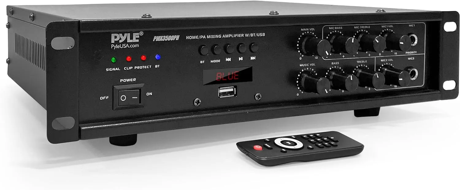 Pyle Bluetooth Home PA Mixing Amplifier - 500W Home Audio Rack Mount Stereo Power Amplifier Receiver w/FM Radio, Digital LED Display, USB/AUX/Mic, Optical/Coaxial, AC-3, 70V/100V Output - PMX3500PH