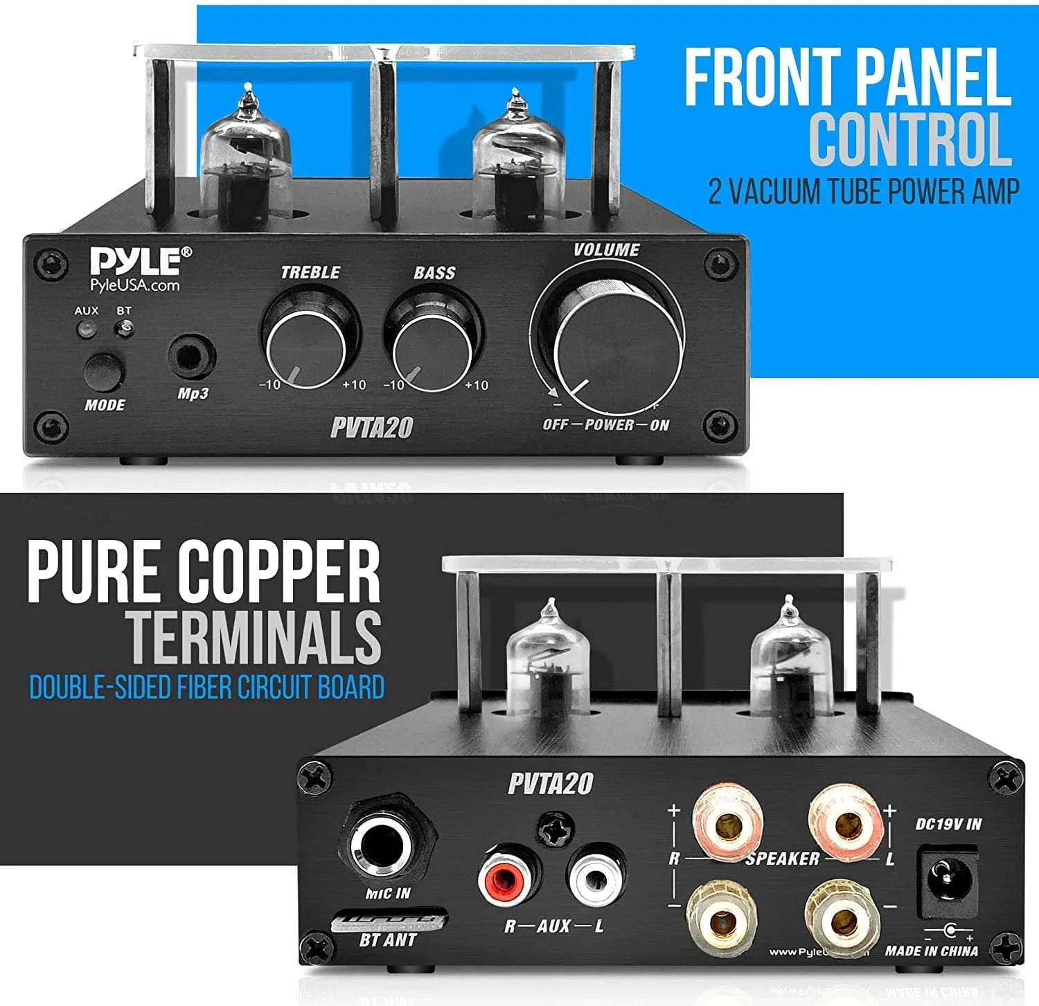 Pyle Bluetooth Tube Amplifier Stereo Receiver - 600W Home Audio Desktop Stereo Vacuum Tube Power Amplifier Receiver w/ 2 Vacuum Tubes, AUX/MP3/Microphone Inputs, Pure Copper Speaker Output - PVTA20