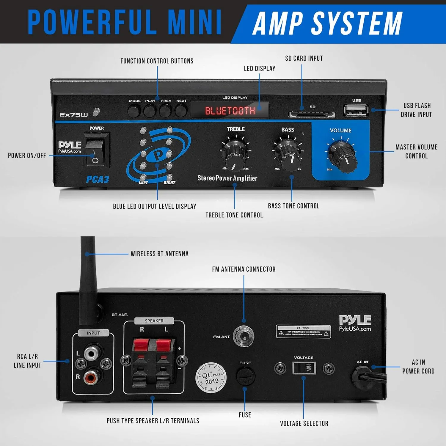 Pyle Home Audio Power Amplifier System  2X75W Mini Dual Channel Bluetooth Stereo Receiver Box with LED  Amplified Speakers, CD Player, Theater via 3.5mm RCA  For Studio, Home Use
