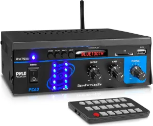 Pyle Home Audio Power Amplifier System  2X75W Mini Dual Channel Bluetooth Stereo Receiver Box with LED  Amplified Speakers, CD Player, Theater via 3.5mm RCA  For Studio, Home Use