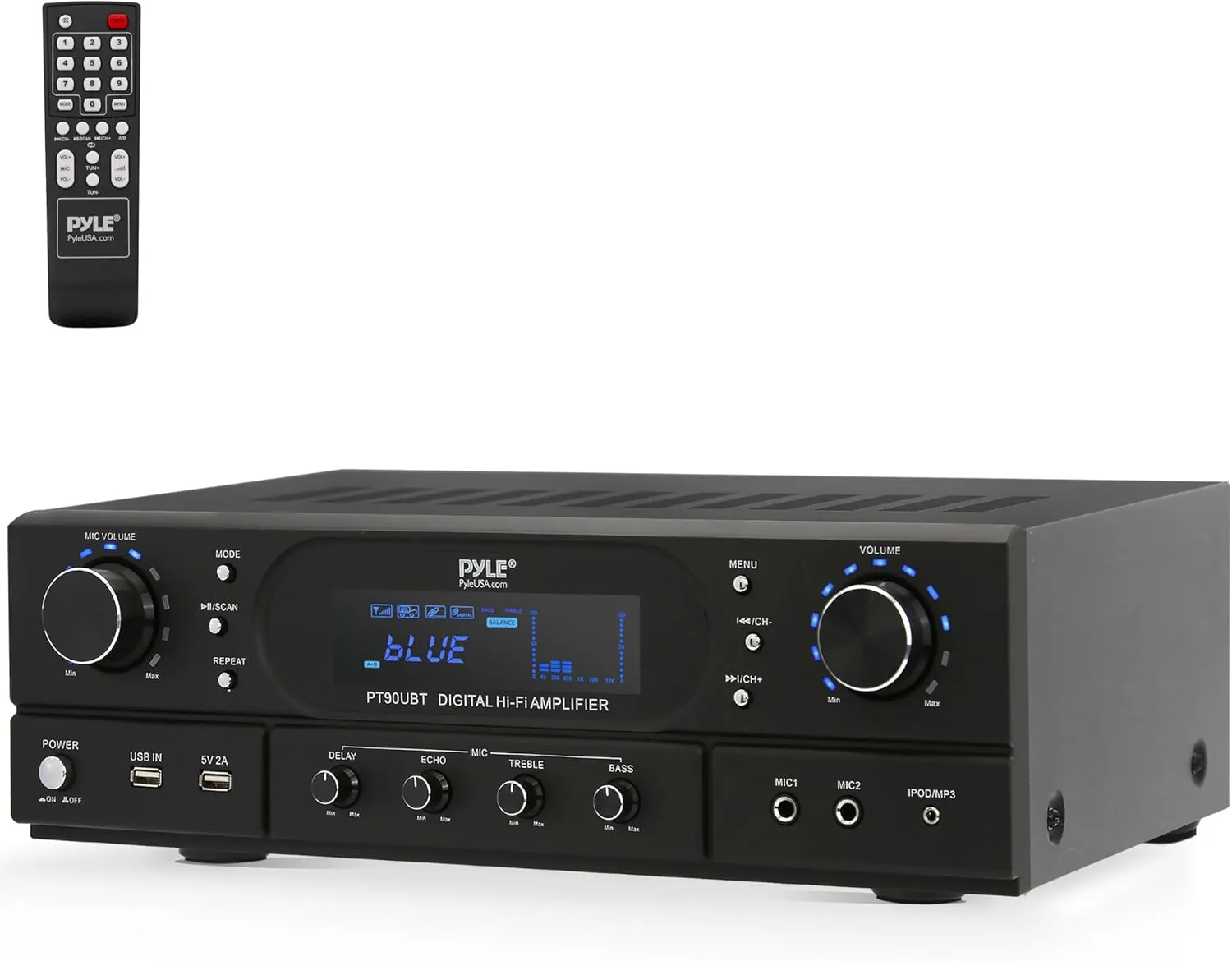 Pyle Home Bluetooth Theater Receiver Amplifier - 500 Watts Peak Power Amp w/Treble, Bass, Echo Control, MP3/USB/FM, Dual Channel Audio Stereo System for Streaming Entertainment, Karaoke - PT90UBT