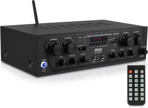 Pyle PTA42BT Wireless Karaoke Bluetooth Stereo Receiver - 4 Channel Power Amplifier w/USB,2 Microphone Input w/ Echo,Talkover for PA Great for Home Speaker System,Black