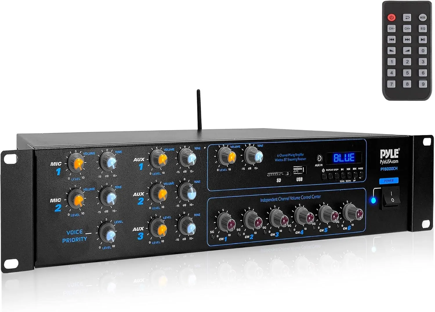Pyle Wireless Bluetooth Power Amplifier System - 4200W 6CH Powered Rack Mount Portable Multi-Zone Audio Home Stereo Receiver Box w/RCA, USB, AUX, for Speaker, PA, Theater - PT6000CH