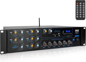 Pyle Wireless Bluetooth Power Amplifier System - 4200W 6CH Powered Rack Mount Portable Multi-Zone Audio Home Stereo Receiver Box w/RCA, USB, AUX, for Speaker, PA, Theater - PT6000CH