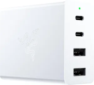 Razer USB-C 130W GaN Charger: 4 Ports - Super Fast Charging for Laptops, MacBook, iPad, iPhone, Samsung Galaxy - Charge Multiple Devices - Compact & Travel Ready - International Plugs Included - White