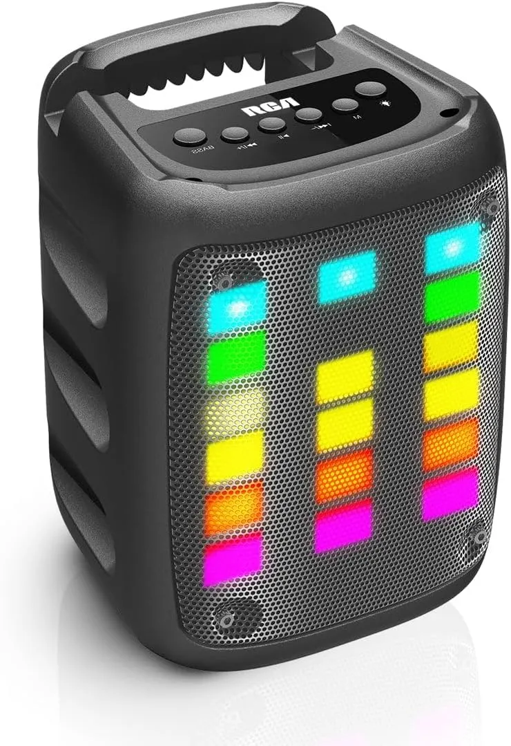 RCA Disco 103 RGB Wireless Mini Speaker, Bluetooth, 7-Color LED Lights, Portable, FM, USB & SD