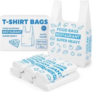 Recyclable Plastic T-Shirt Bags with Handles - 250 Count, White, Durable & Eco-Friendly Shopping Bags (7" x 12" x 22") for Retail, Grocery, Takeout, Convenience Stores