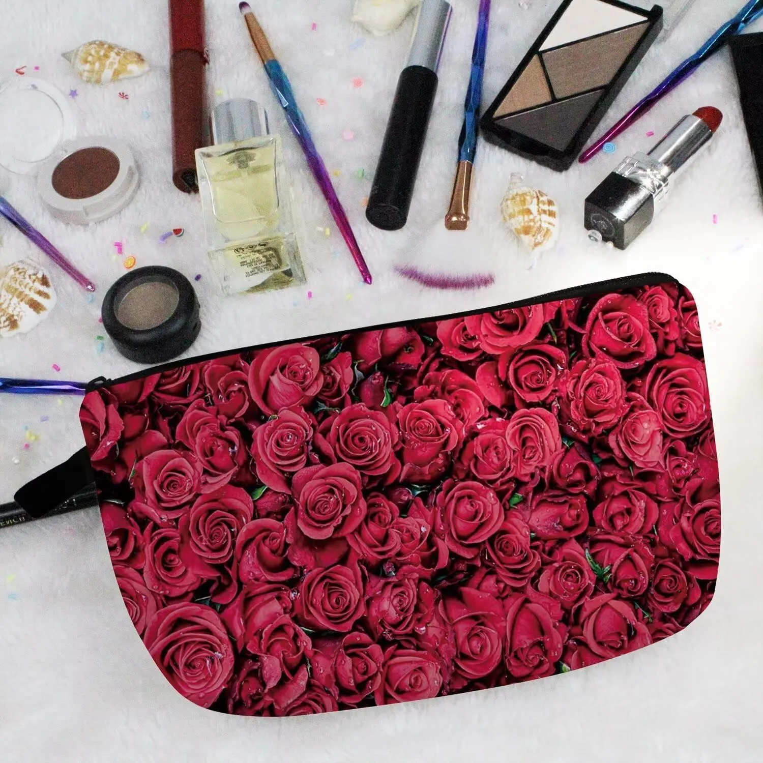 Red Rose Makeup Bag Cue Small Organizer Zipper Pouch Red Rose Cosmetic Bag Rose Birthday Present for Rose Lovers Women Friends