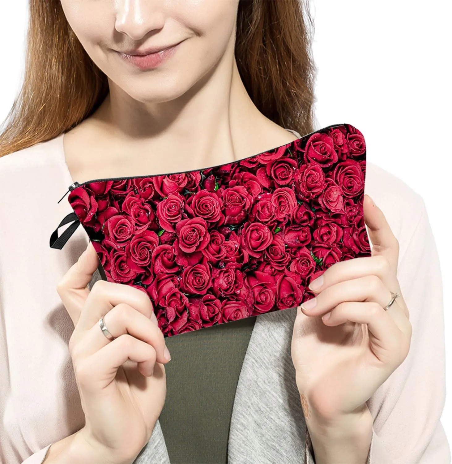 Red Rose Makeup Bag Cue Small Organizer Zipper Pouch Red Rose Cosmetic Bag Rose Birthday Present for Rose Lovers Women Friends