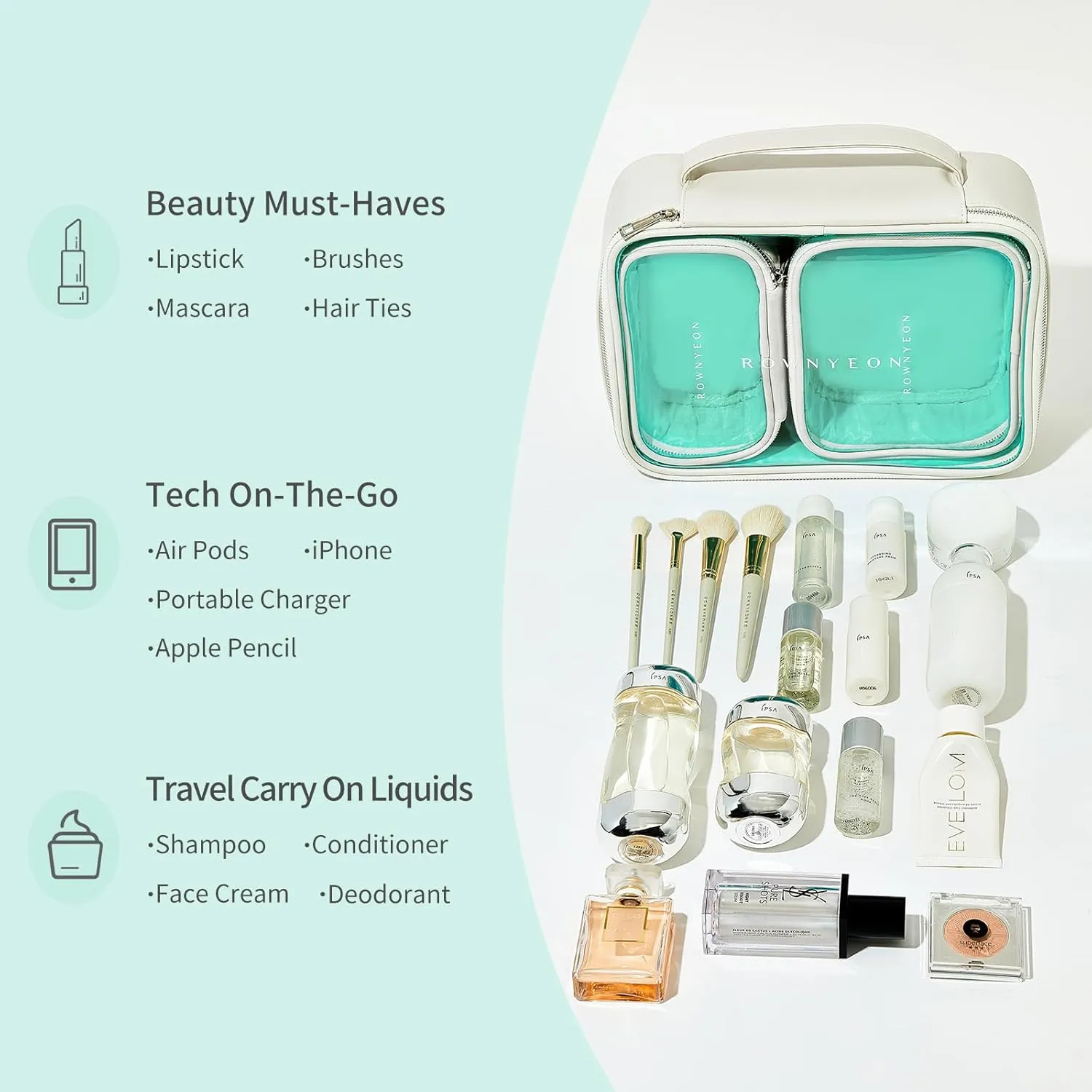 ROWNYEON Clear Makeup Bag Set of 3,Leather Waterproof Cosmetic Bag,Travel Makeup Bag for Women,Portable Toiletry Bag Train Case with Zipper Handle White