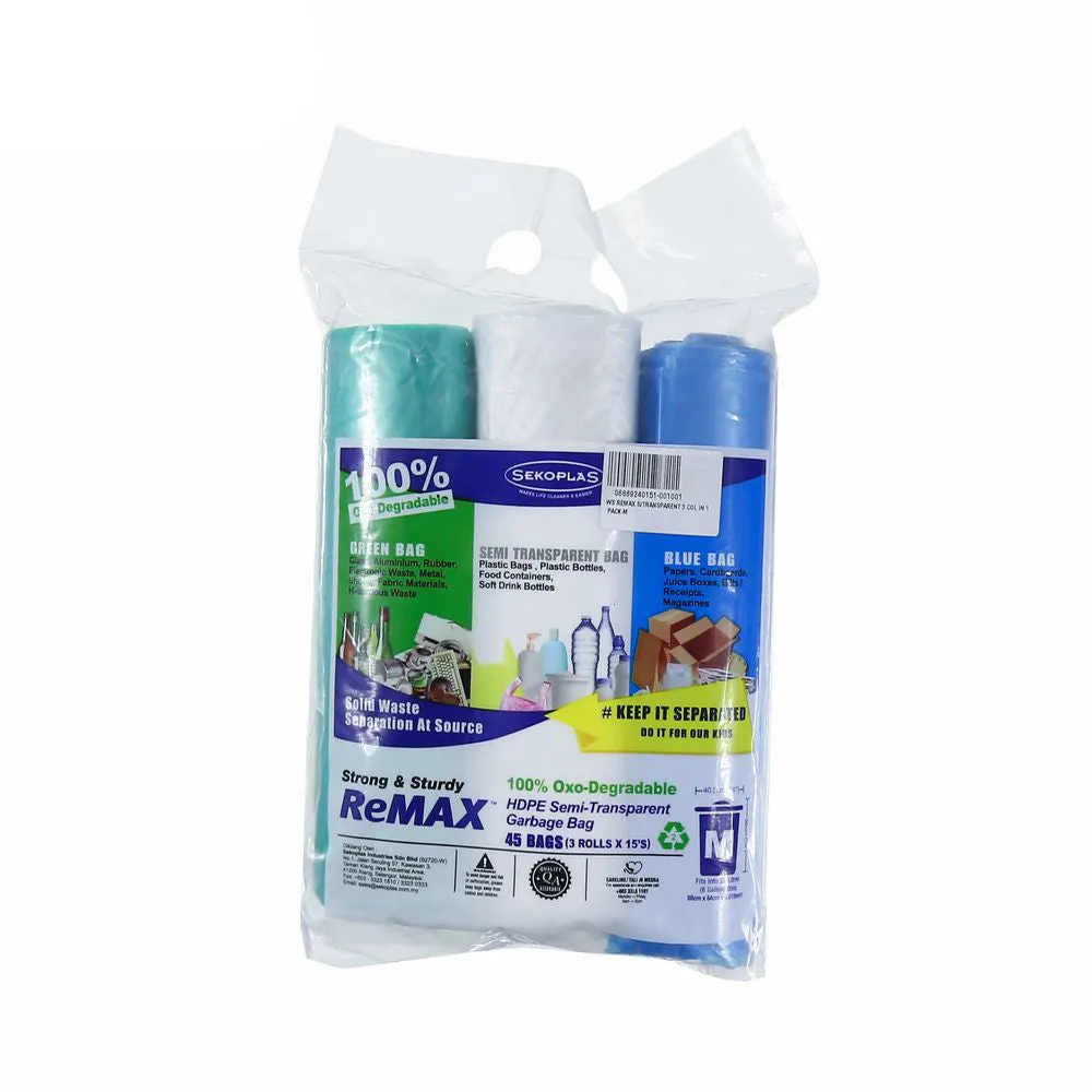 SEKOPLAS ReMAX HDPE Semi-Transparent Garbage Bag M Size (3 x 15pcs)