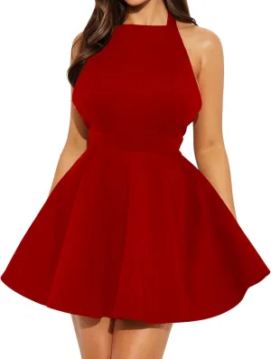 SHESEEWORLD Women's 2025 Summer Sleeveless Halter Neck A-Line Back Zipper Bow Pleated Mini Dress