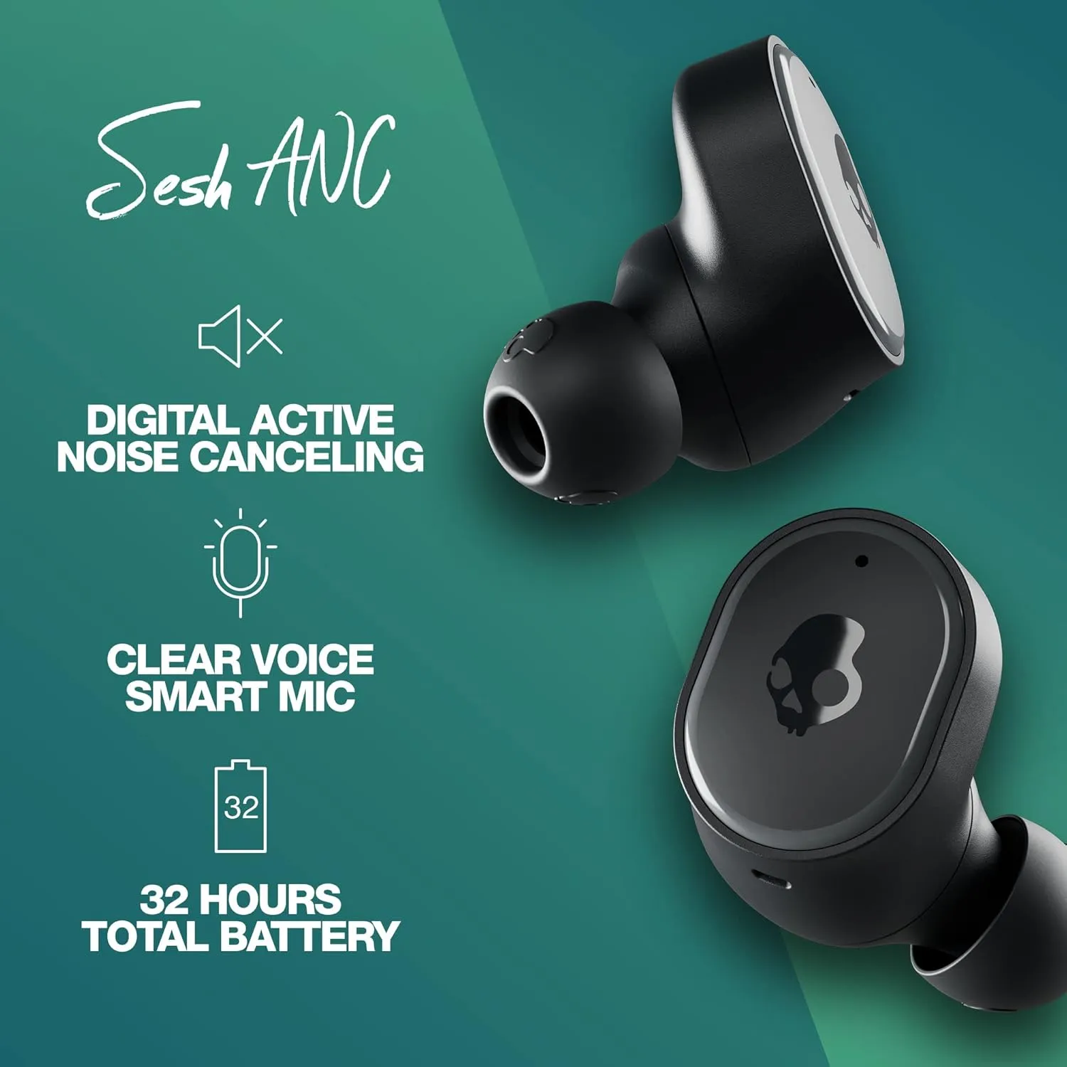 Skullcandy Sesh ANC Wireless Earbuds, Bluetooth Headphones, Noise Cancelling, Up to 46 Hours Battery with Charging Case, Sweat and Water Resistant, Microphone for iPhone Android - True Black