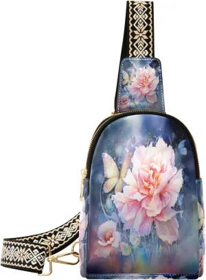 Small Sling Bag Waist Packs Leather Crossbody Packs Chest Bag Butterfly Pink Flower for Women Travel Belt Purse