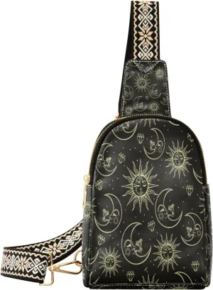 Small Sling Bag Waist Packs Leather Crossbody Packs Chest Bag Cartoon Moon and Sun for Women Travel Belt Purse