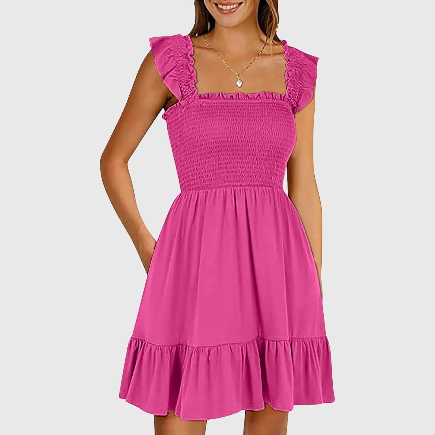 Summer Babydoll Dresses for Women 2025 Vacation Cute Ruffle Cap Sleeve V-Neck Flowy Swing Mini Dress Sundress
