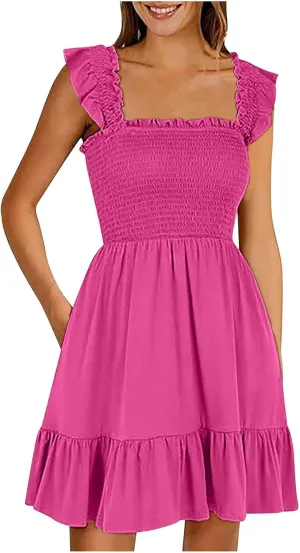 Summer Babydoll Dresses for Women 2025 Vacation Cute Ruffle Cap Sleeve V-Neck Flowy Swing Mini Dress Sundress