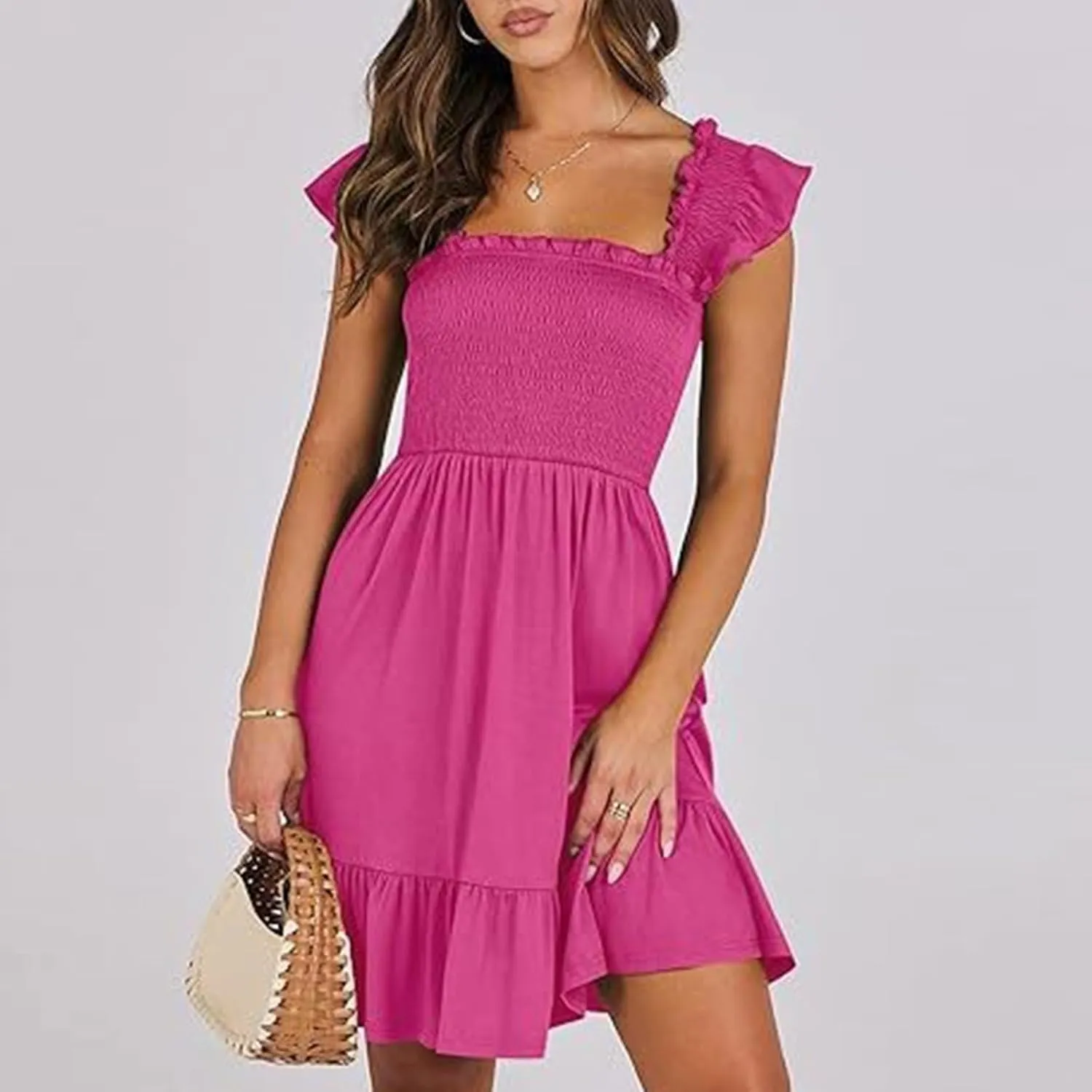 Summer Babydoll Dresses for Women 2025 Vacation Cute Ruffle Cap Sleeve V-Neck Flowy Swing Mini Dress Sundress