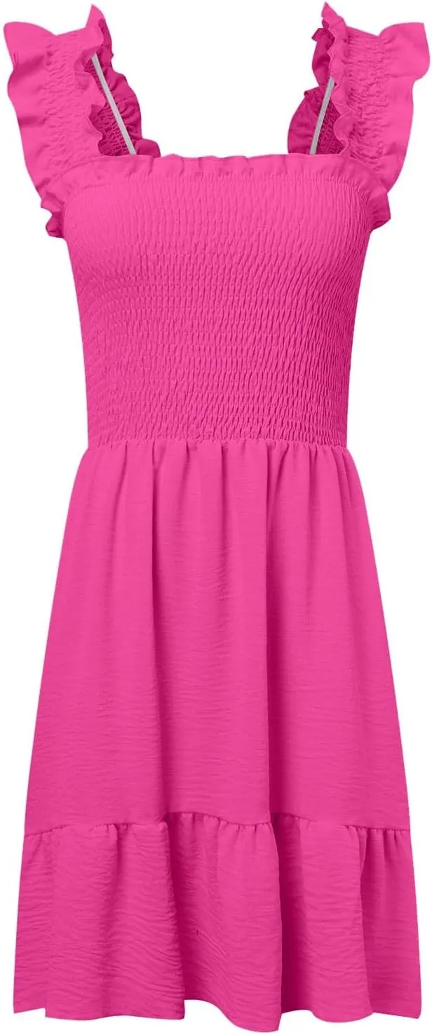Summer Babydoll Dresses for Women 2025 Vacation Cute Ruffle Cap Sleeve V-Neck Flowy Swing Mini Dress Sundress