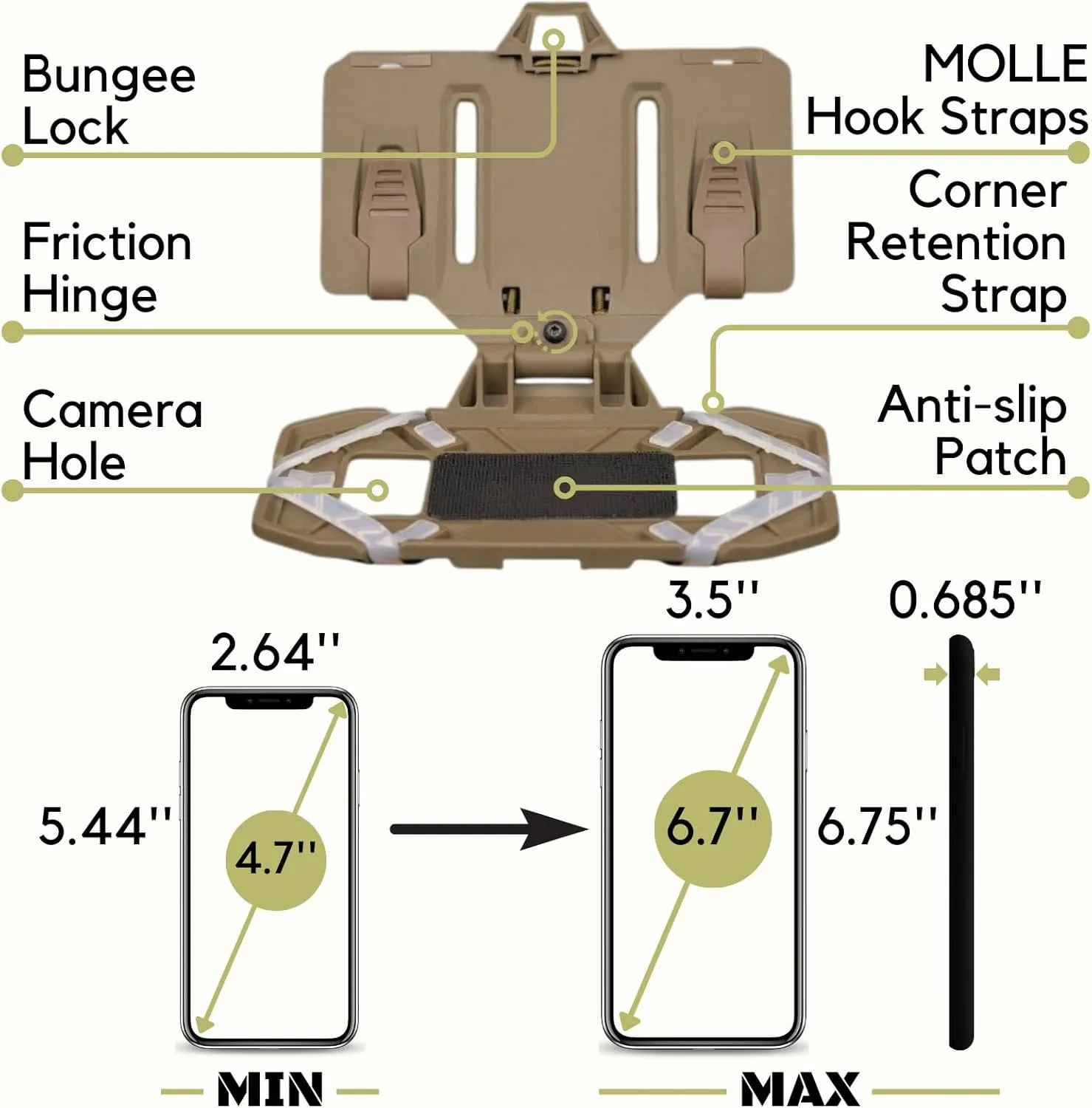 Tactical Plate Carrier Molle Phone Carrier Vest Attachments, Outdoor Universal Foldable Phone Chest Holder, Chest Rig Mount Navigation Board for 4.7"-6.7" Screen (FoldPanel-BCP)