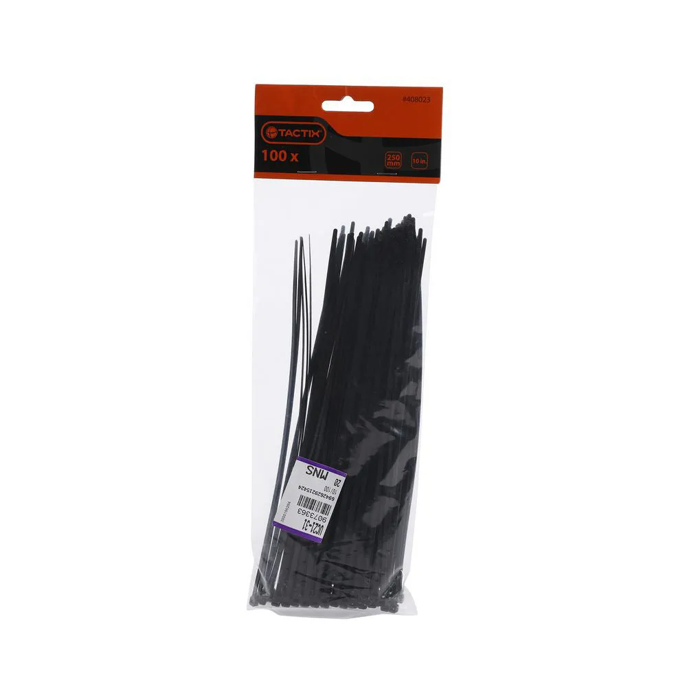 TACTIX Black Cable Ties (3.6mm x 25cm) 100pcs